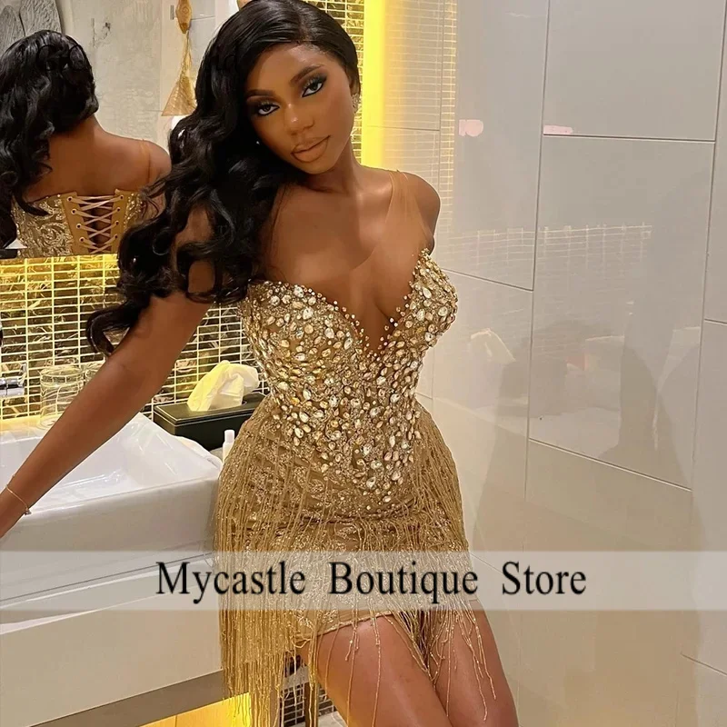 

Exquisite Tassel Cocktail Dresses for Girls Strapless Column Corset Pageant Gowns Vestidos De Fiesta Party Customized