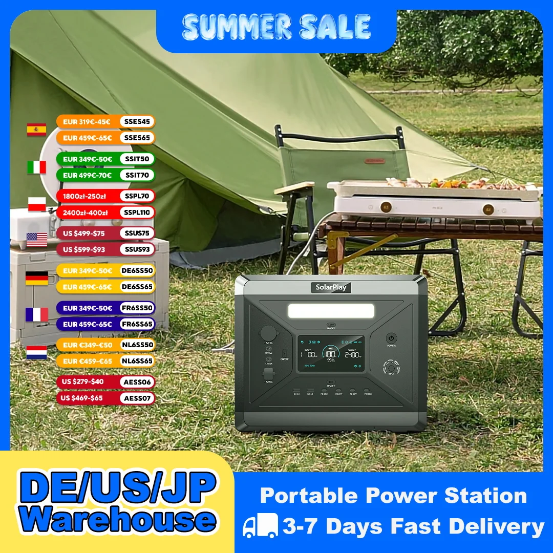 SOLARPLAY Q2501 centrale électrique Portable 2160WH LiFePO4 batterie avec 2400W (4800W de crête) générateur solaire de sortie ca pour fête dans le jardin