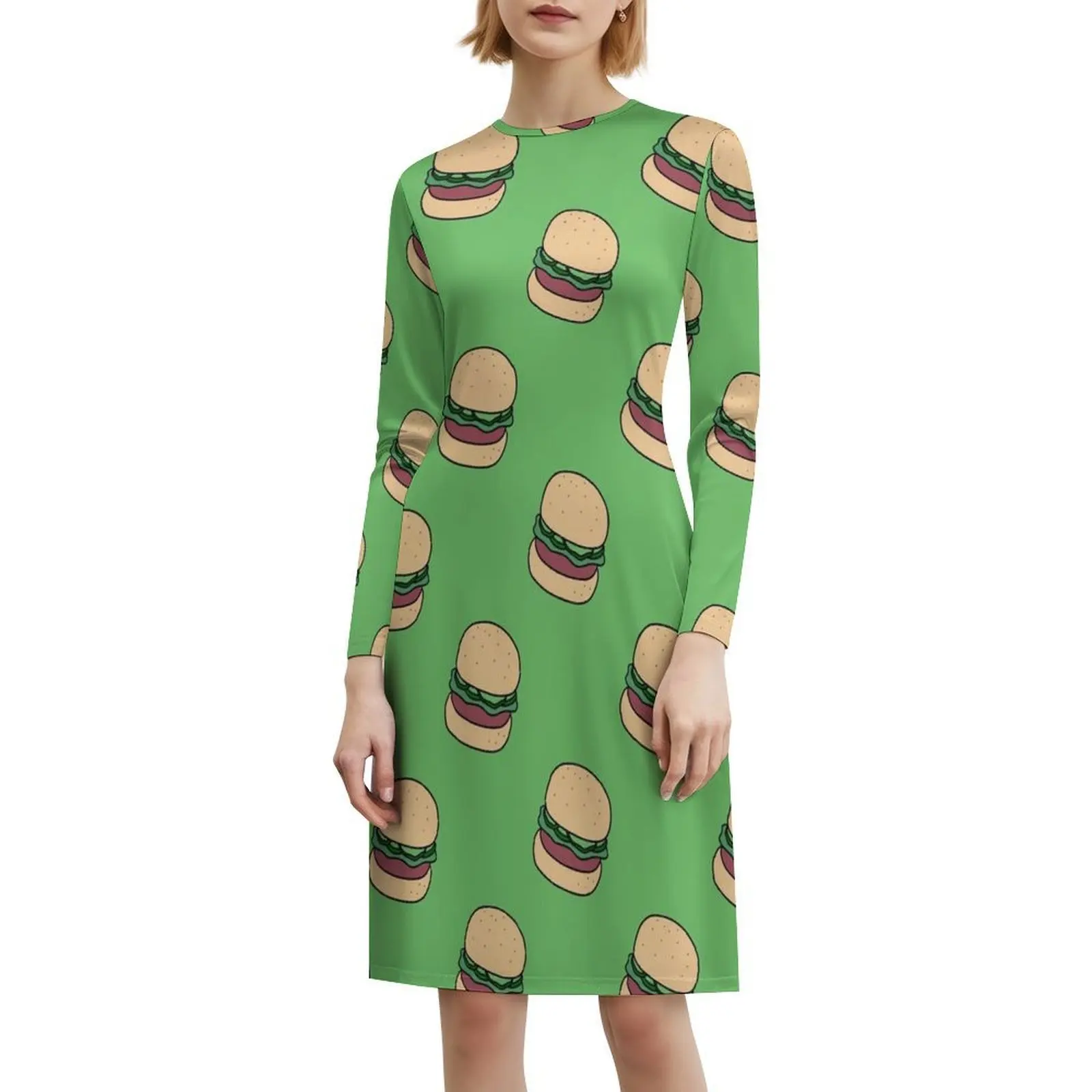 فستان بوهيمي بدون أكمام بنمط برجر أخضر للنساء مطبوع عليه فساتين حفلات الشاطئ همبرغر همبرغر برجر برغر للسهرات