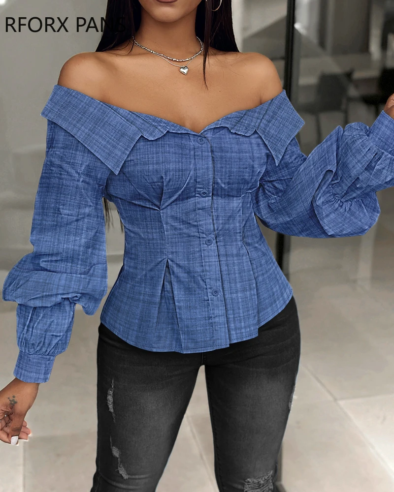 Women Chic Solid Off Shoulder Button Long Sleeves Casual Blouses Tops