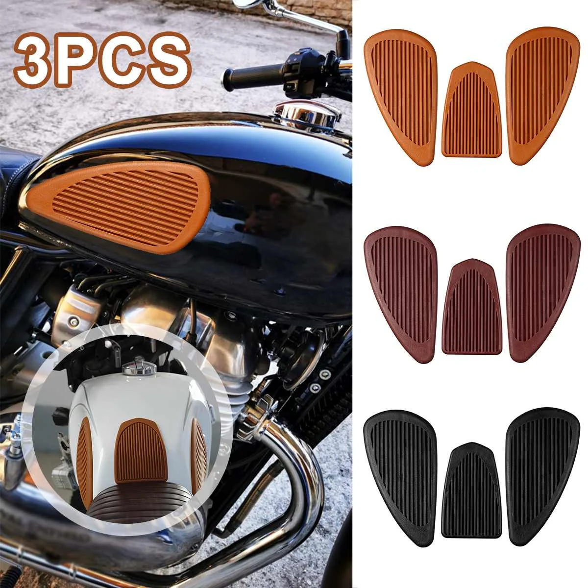 

3Pcs/set Rubber Retro Motorcycle Tank Pad Cafe Racer Fuel Tank Knee Pad Protector Sticker Stripes Decal Motorbike Traction Pad