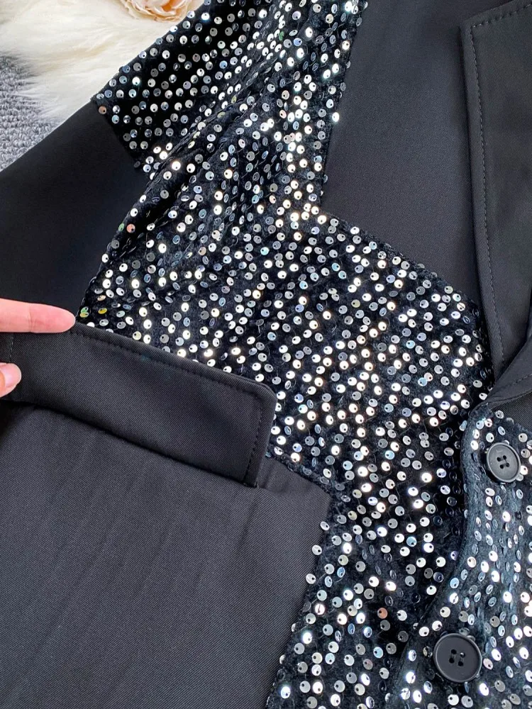 Giacca da donna casual con colletto rovesciato, vestibilità ampia, con paillettes, giacca monopetto a maniche lunghe, cappotto invernale da donna alla moda