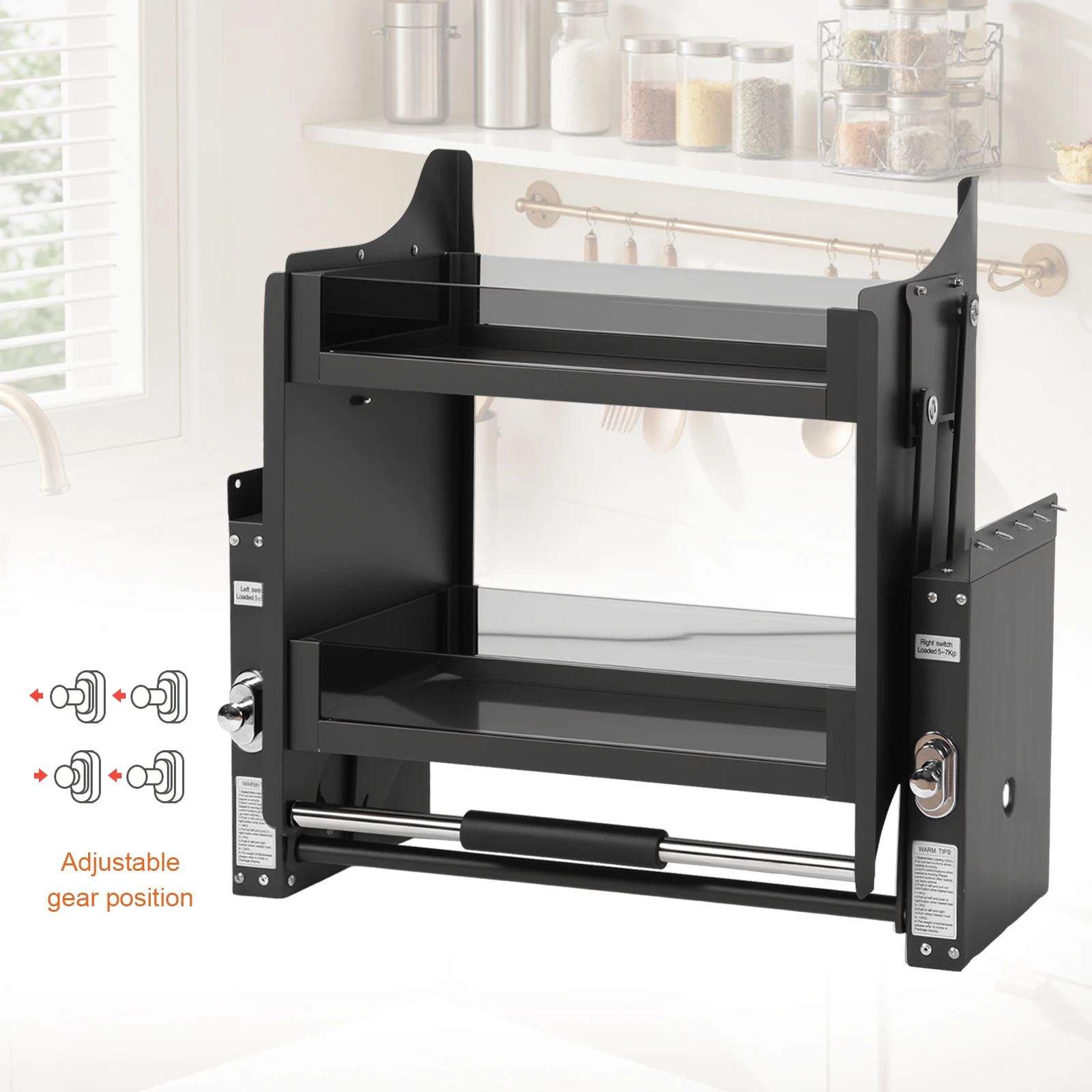 

2-Tier Kitchen Hanging Cabinet Aluminum Alloy 22.2 Inch Seasoning Storage Pull Basket Large Storage Space 15kg