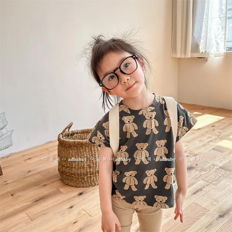 

2024 Summer New Children Short Sleeve T Shirts Fashion Bear Print Tee Shirt for Baby Boys Girls Casual Tops Cotton Kids Clothes