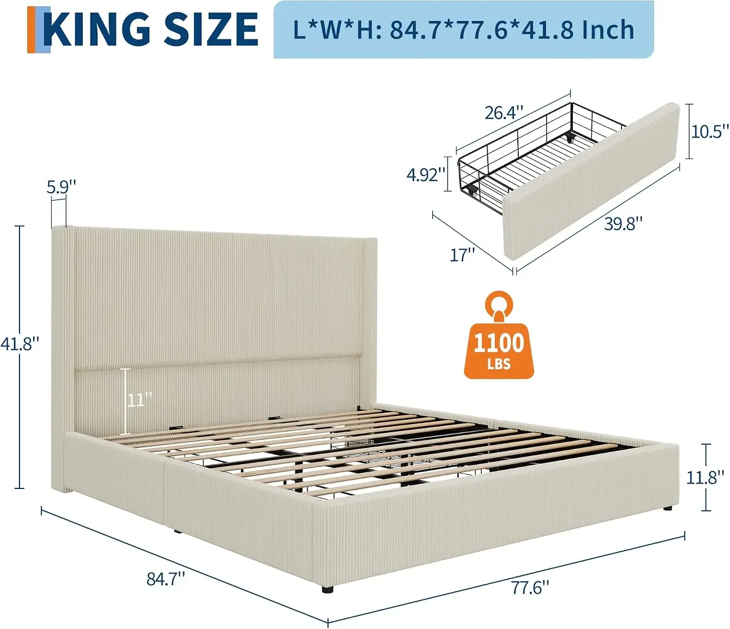 King Size Bed Frame with Storage Drawers, Corduroy Upholstered Platform Bedframe with Wingback, Headboard and Footboard, No