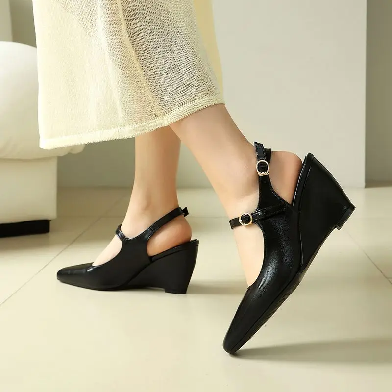 SIMLOVEYO Red Women Sandals Square Toe 9cm Wedges Heel Buckle Strap Plus Size 41 42 43 Sweet Soft Dating Mary Janes Lady Shoes - view 2