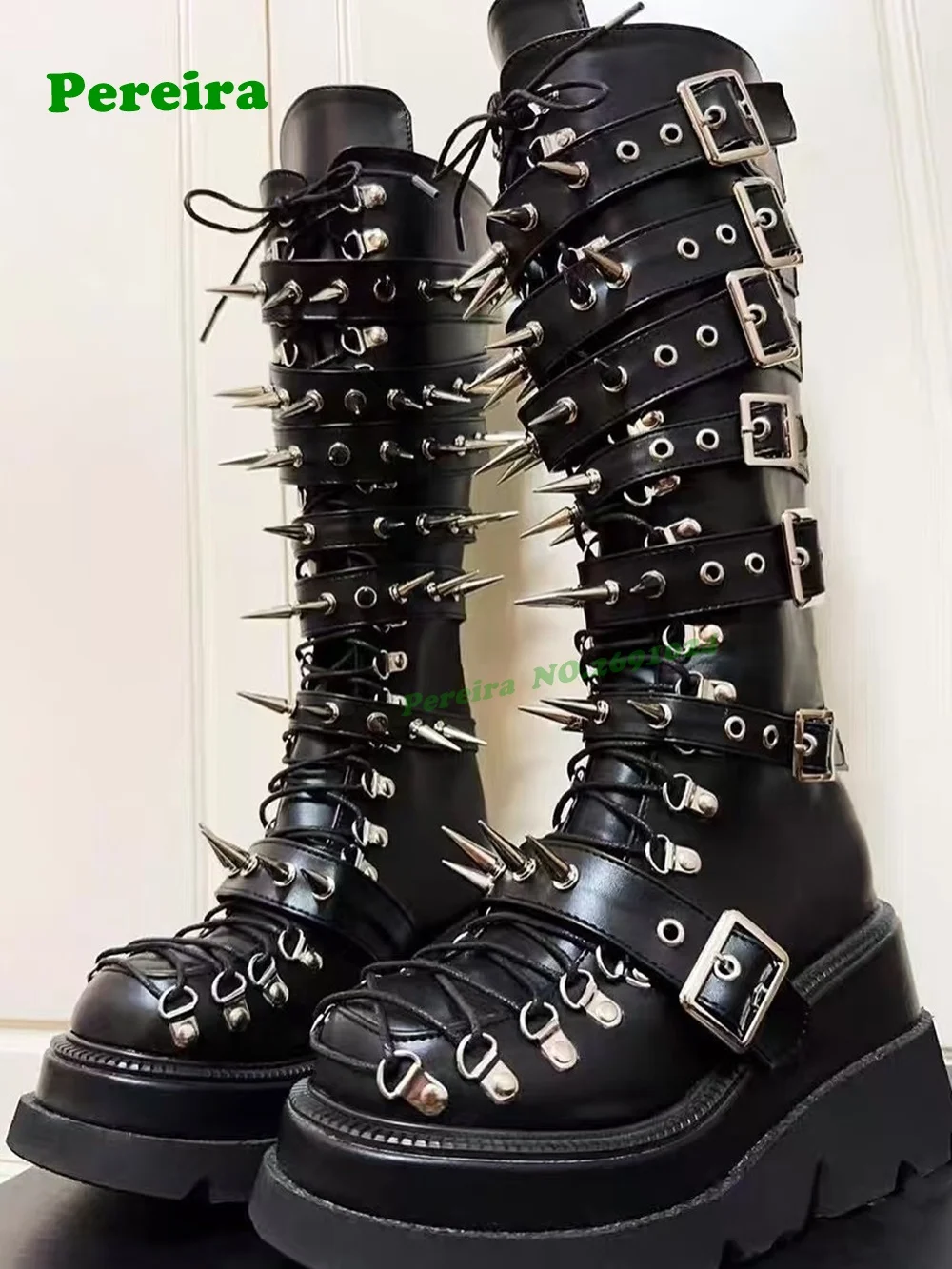 Black Studded Rock Punk Boots Round Toe Tank Soled Platform Gothic Gladiator Women's Knee High Boots Belt-Buckled Lace-Up Shoes