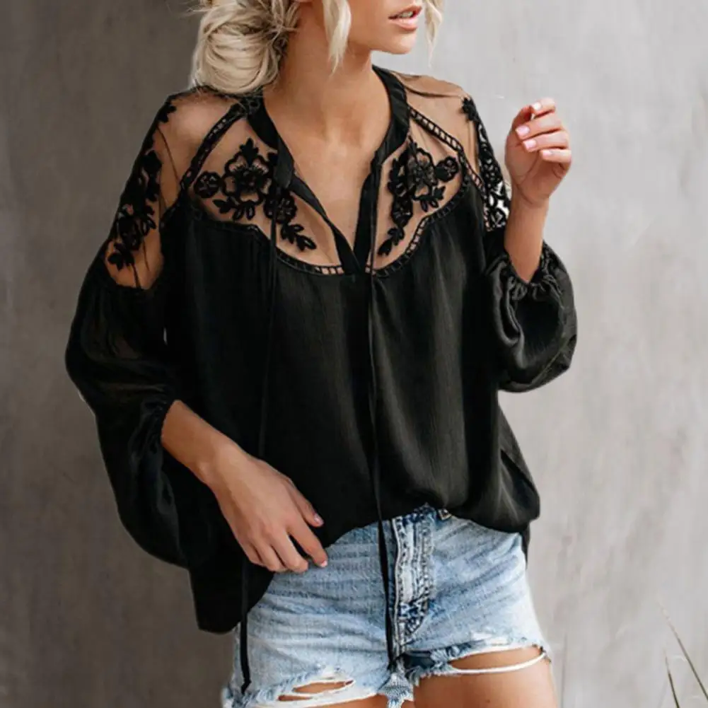 Casual Blouse Front Lace-up Chiffon Blouse Pure Colors Summer Lace Mesh See-through Splicing Loose Top Shirt Soft Texture