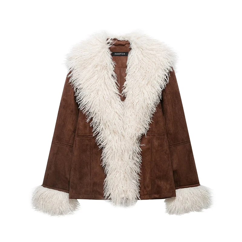 YENKYE Women Brown Warm Jacket Curly White Faux Fur Trim Lapel Long Sleeve Winter Coat Open Front Short Outerwear