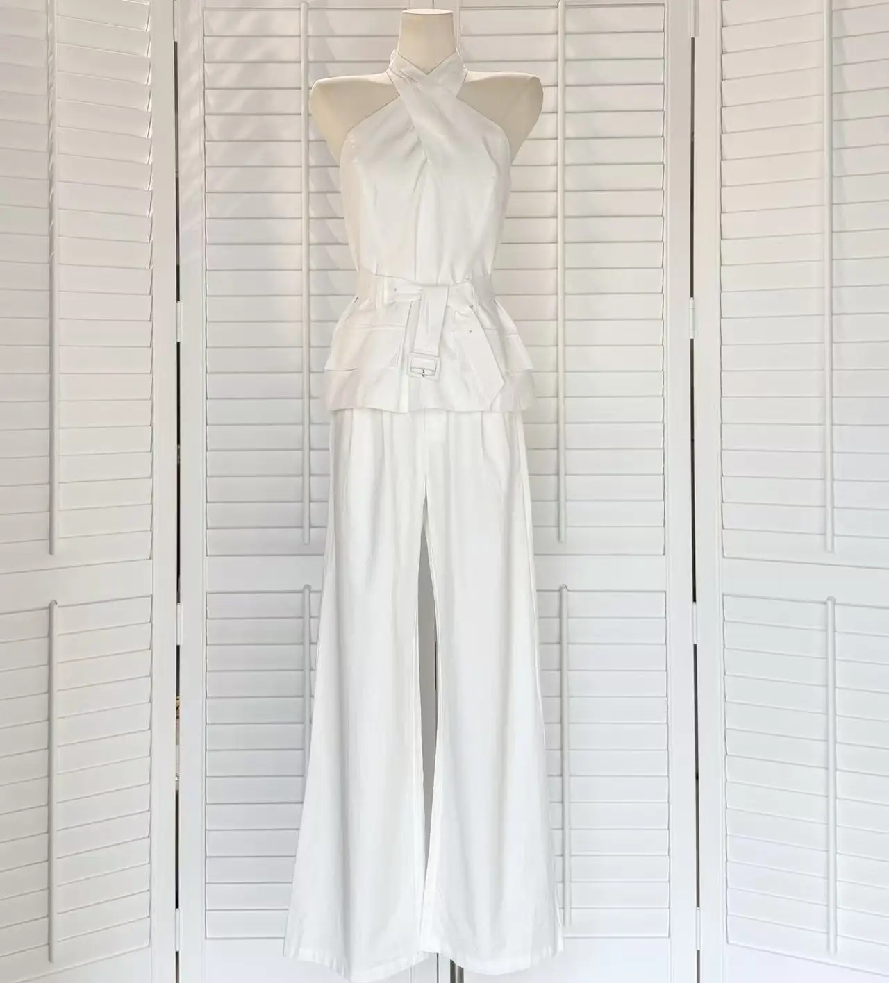 Women's Summer Elegant Two Pieces Skirt Set Lady Halter Neck Backless Tank Top + High Waist Wide Leg Pants