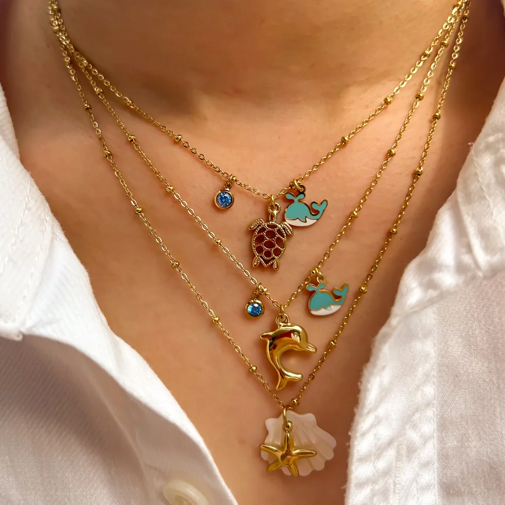 

Летнее ожерелье из нержавеющей стали в виде дельфина, морской звезды, морской звезды, ракушки, хвоста, колец, Пляжная цепочка, ювелирное ожерелье