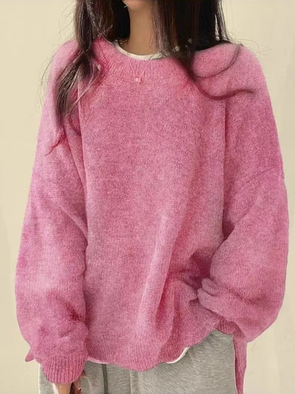 Red Knit Loose Long Sleeve Sweater Women Fashion Korean Style Slit Overhead Top Autumn All Match Casual Wear