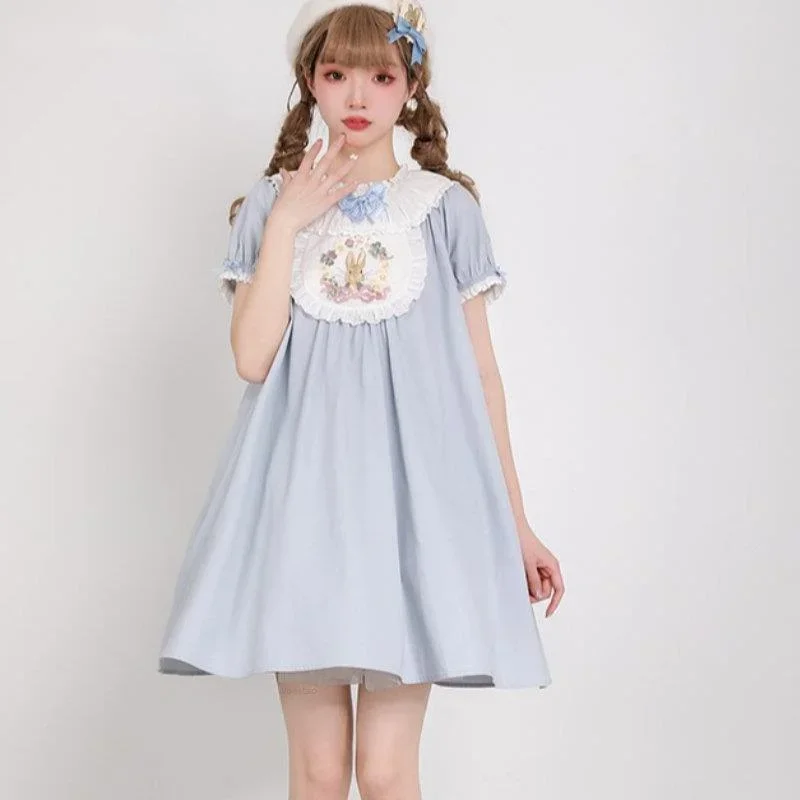 Japanese Kawaii Lolita Princess Dress Girls Sweet Cute Bow Puff Sleeve Bunny Embroidery Nightdress Victorian Vintage Mini Dress