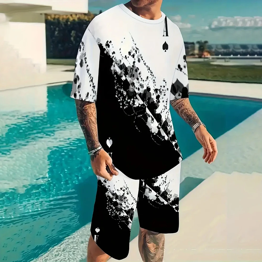 Men Summer Vacation Black White Printed Short Sleeve T-Shirt And Shorts Set Fashion Two Piece Set Men Sportwear Fitness Pullover