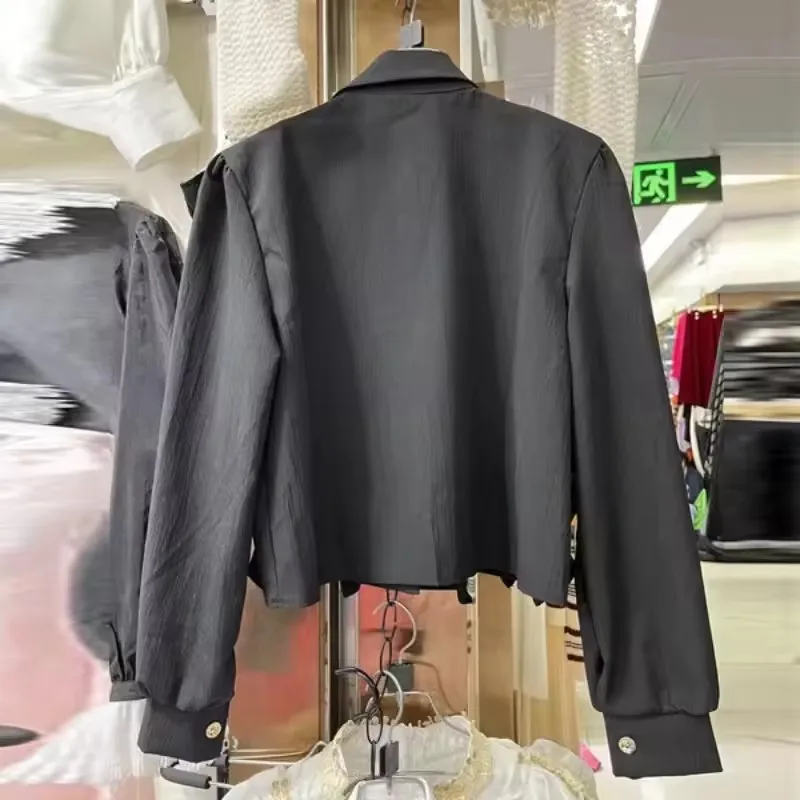 Moda pesada miçangas lantejoulas camisa branca para mulher 2025 nova lapela pescoço blusa preta y2k manga longa babados topos mujer