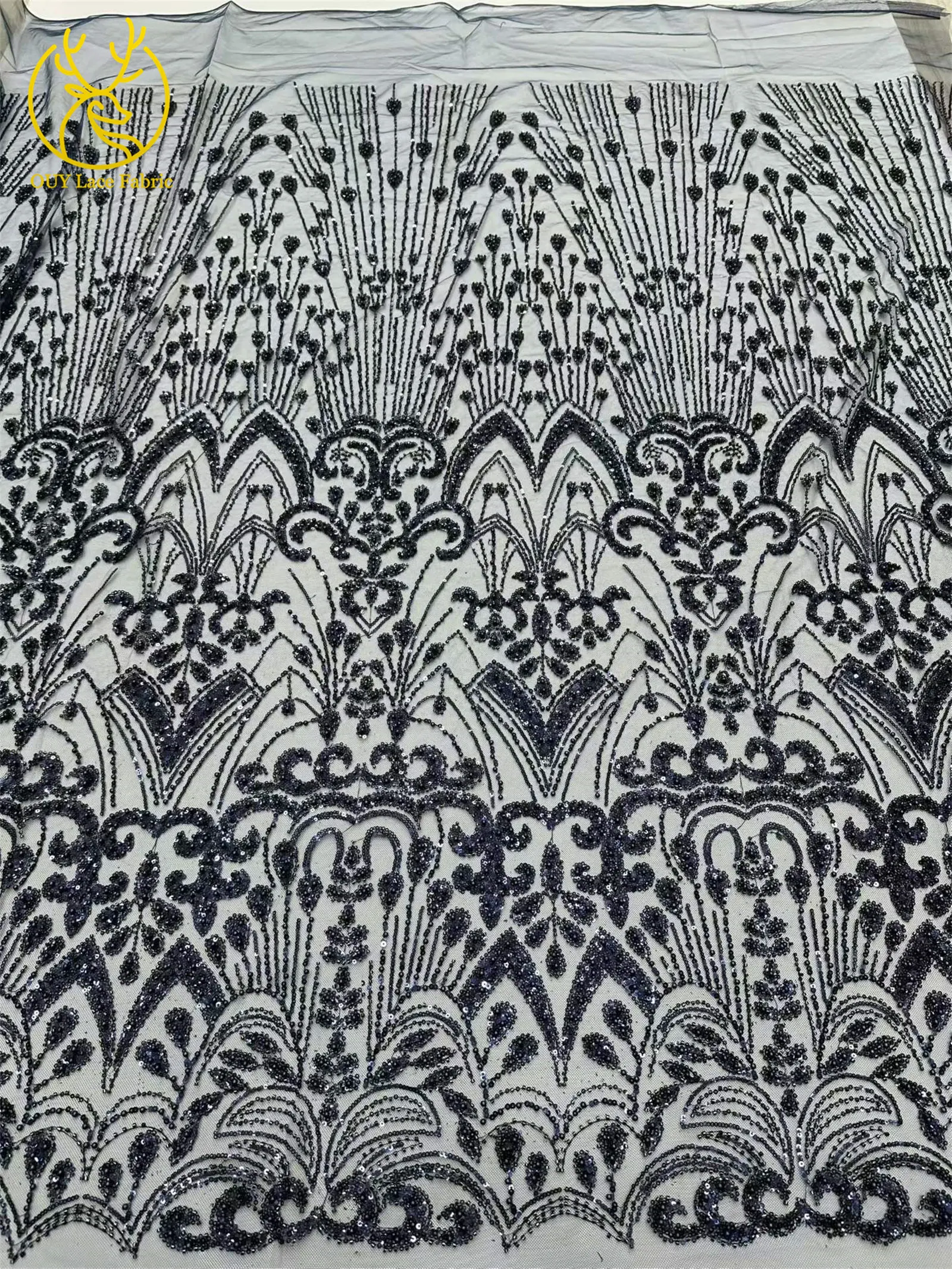 Goldener Luxus-Spitzenstoff mit Perlen und Pailletten, 5 Yards, afrikanischer Spitzenstoff, hochwertiger nigerianischer Netzspitzenstoff für Partykleider und Näharbeiten – Detail 25