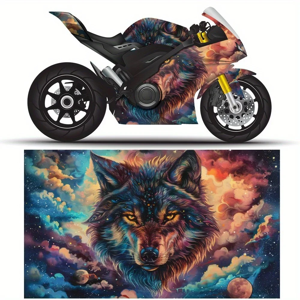 Wolf in Colorful Clouds Print PVC Motorcycle Vinyl Wrap, Self-Adhesive Waterproof Sticker, Anti-Scratch Decorative Film for Bike