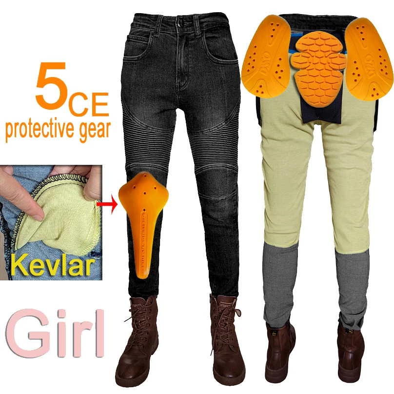 Women Kevlar Motorcycle Jeans Black Protective Riding Pants Motorbike Trousers Touring Gear