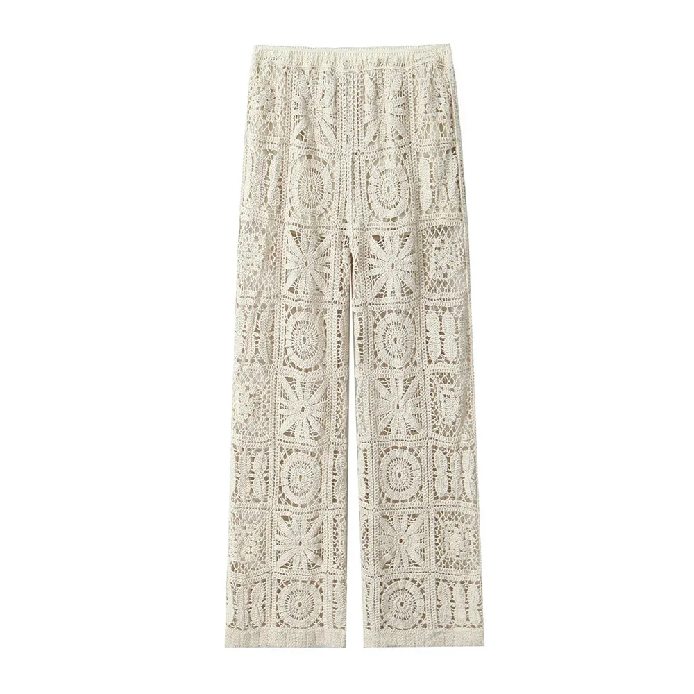 BWQ Spring/Summer New Women\'s Forest Style Lazy Hollow Hook Flower Knitted Cardigan Knitted Pants Set