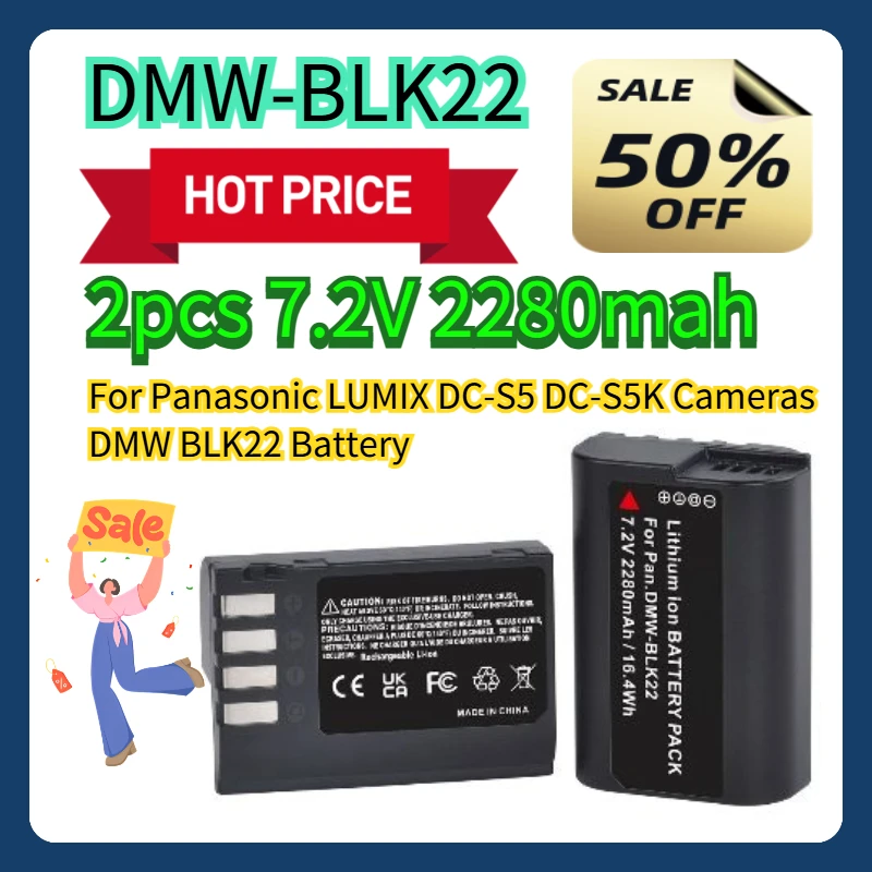 

2pcs 7.2V 2280mah For Panasonic LUMIX DC-S5 DC-S5K Cameras DMW-BLK22 DMW BLK22 Battery