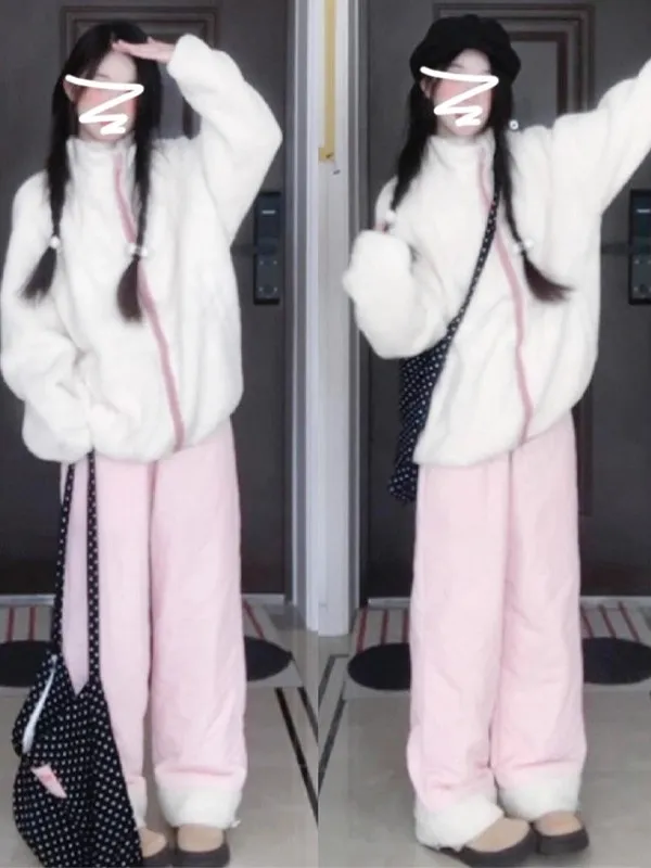 เสื้อผ้าผู้หญิงแฟชั่น 2025 รุ่นใหม่ ขายดี ผ้ากำมะหยี่เนื้อนุ่มสีขาว ดีไซน์สวยหรู ระดับไฮเอนด์ สวยมาก ใส่สบาย ทรงหลวม เหมาะสำหรับฤดูหนาว