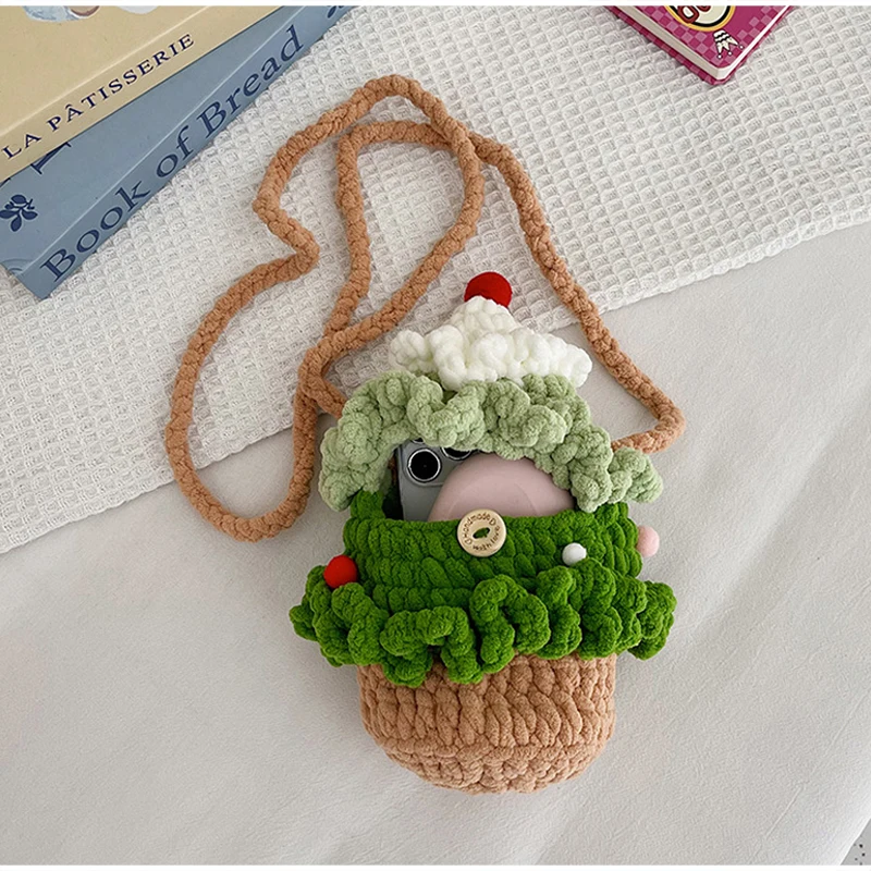 Autumn Winter Cotton Thread Knitted Bag Christmas Tree Red Apple Crossbody Bag Wallet Mobile Phone Storage Bag Festival Gife New