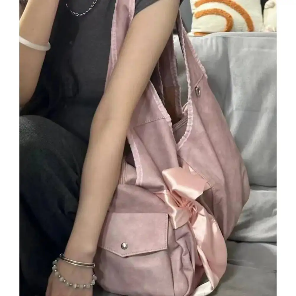 Bloom Haruku Large Capacity Tote Bag Women Fairycore Aesthetic Bow Chic Grey Handbag Female Vintage Cute Shoulder Bags New