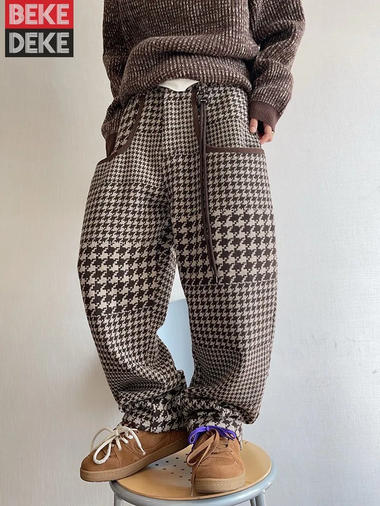 

Mens Casual Long Trousers High Street Houndstooth Loose Fit Keep Warm Wide Leg Pants Joggers Sweatpants Male Fashion Cargo Pants