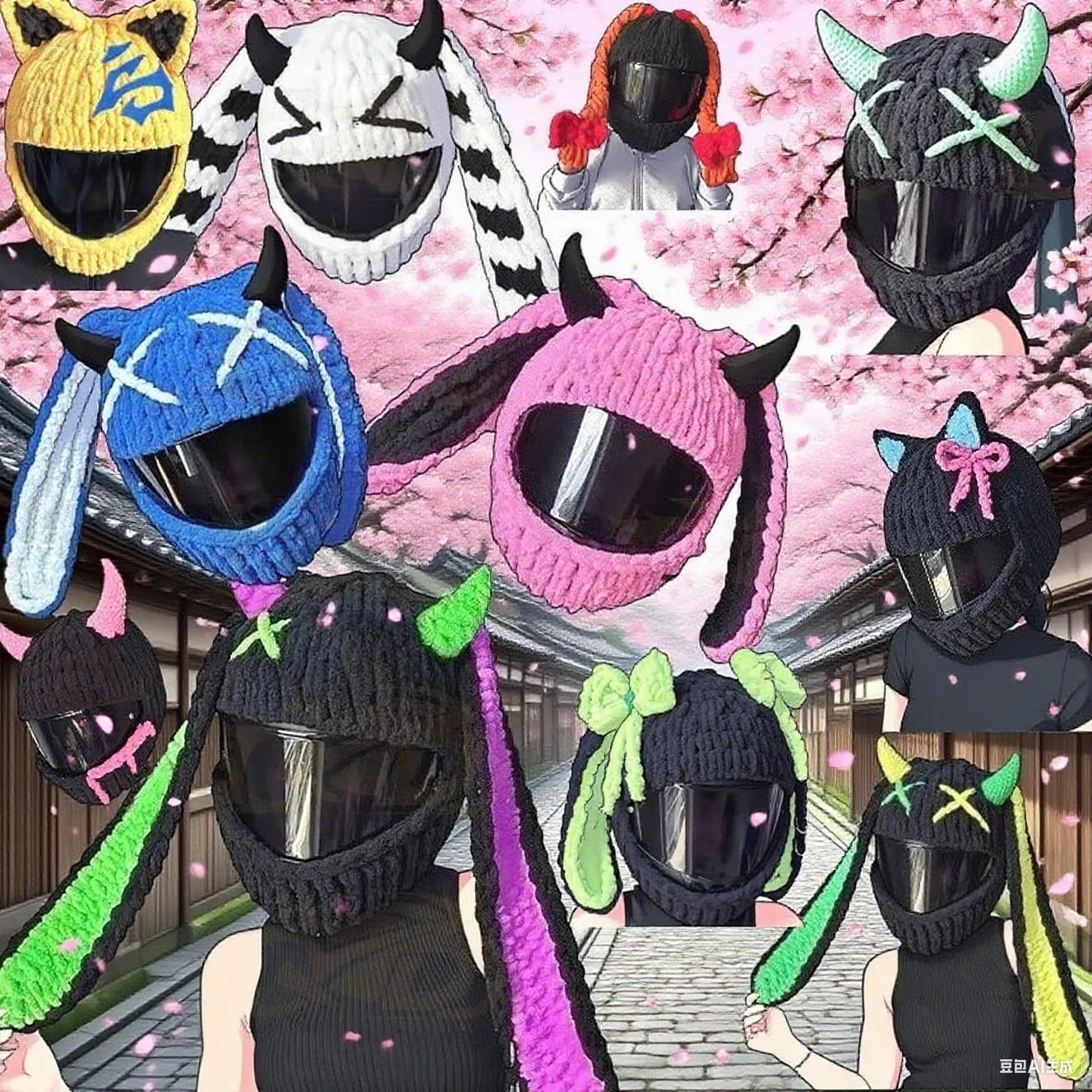 Winter Motorcycle Helmet Headgear Cover Trendy Devil's Horns Creative Cartoon Knitted Motocross Full-Face Protective Helmet Case