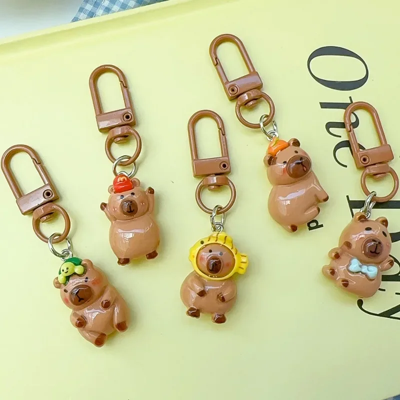 5pcs Kawaii Cartoon Keyrings Cute Capybara Resin Charms Bright Flatback Animal Keychain Bags Pendant DIY Jewelry Make Gifts