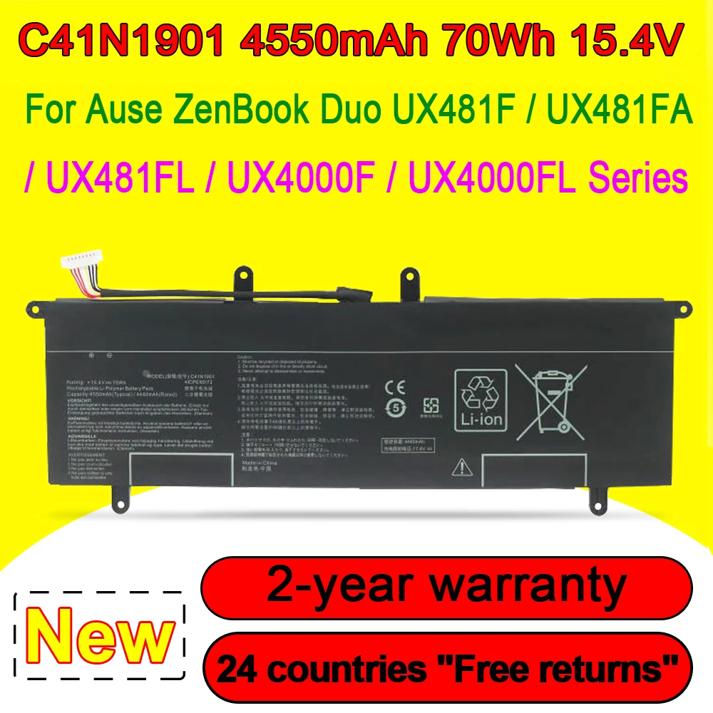 

For ASUS ZenBook Duo UX4000F UX4000FL UX481 UX481F UX481FA UX481FL Series C41N1901 Laptop Battery 4ICP6/60/72 15.4V 70Wh 4550mAh