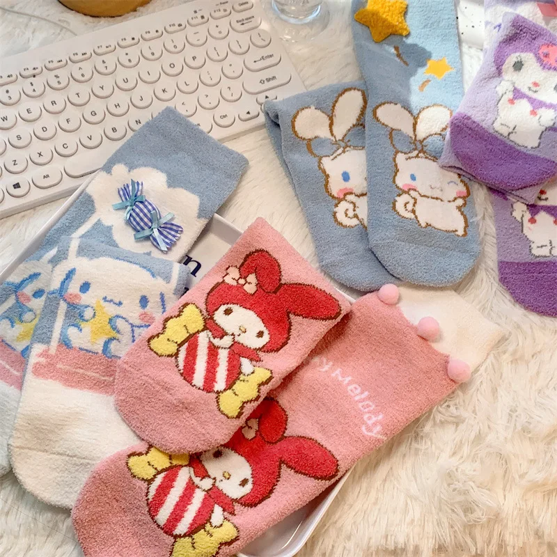 

4 Pair Winter Sanrio Cotton Socks Cartoon Cinnamoroll My Melody Kuromi Pochacco Printed Mid Tube Socks Sweet Girls Sock