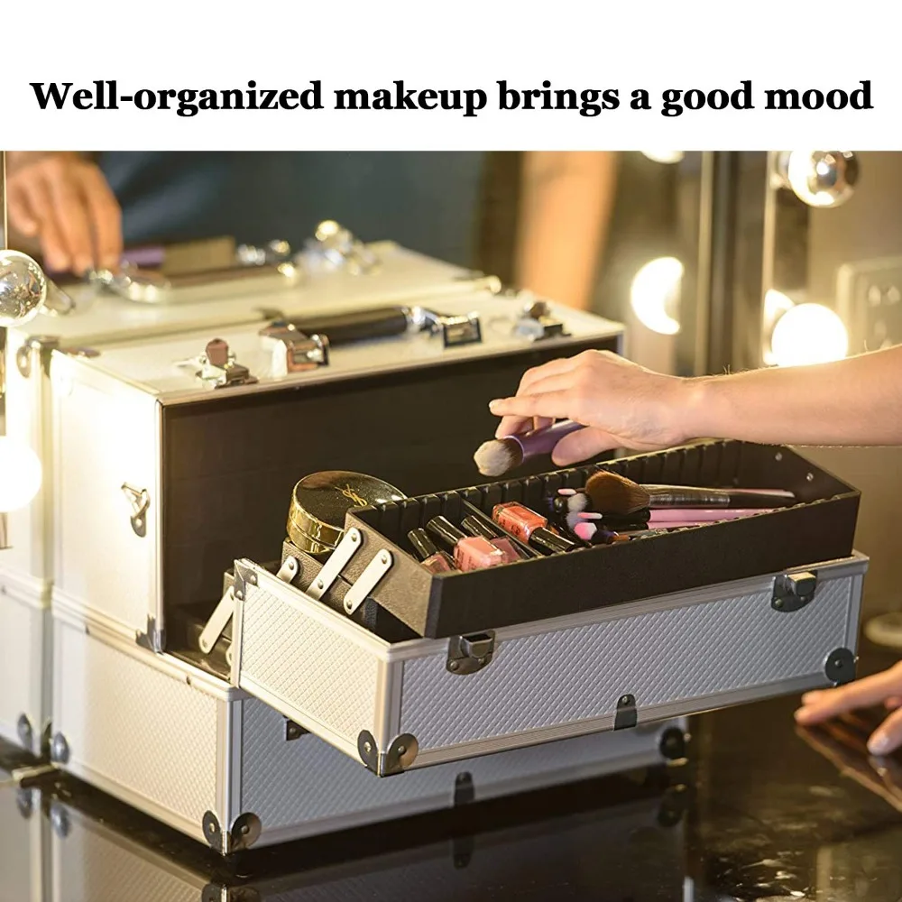 Extra Large Makeup Train Case 6 Tray Lockable Cosmetic Organizer with Adjustable Dividers & Shoulder Strap - Silver view 2