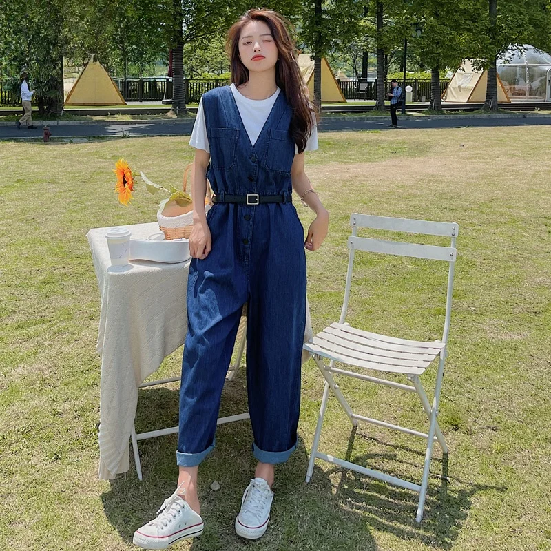 

Повседневные джинсовые комбинезоны женские летние 2025: Новинка, широкие брюки, стройнящие, универсальные, рабочие, с высокой талией