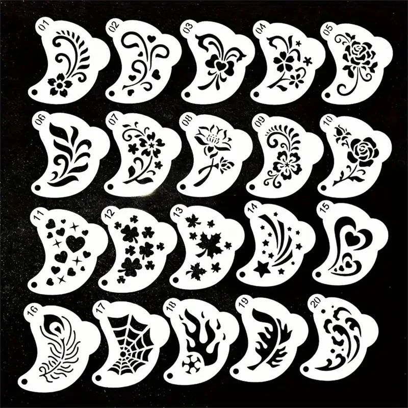 20 Reusable face painting templates，Thickened PET Plastic material，Can be washed and reused repeatedly；Styles include a variety