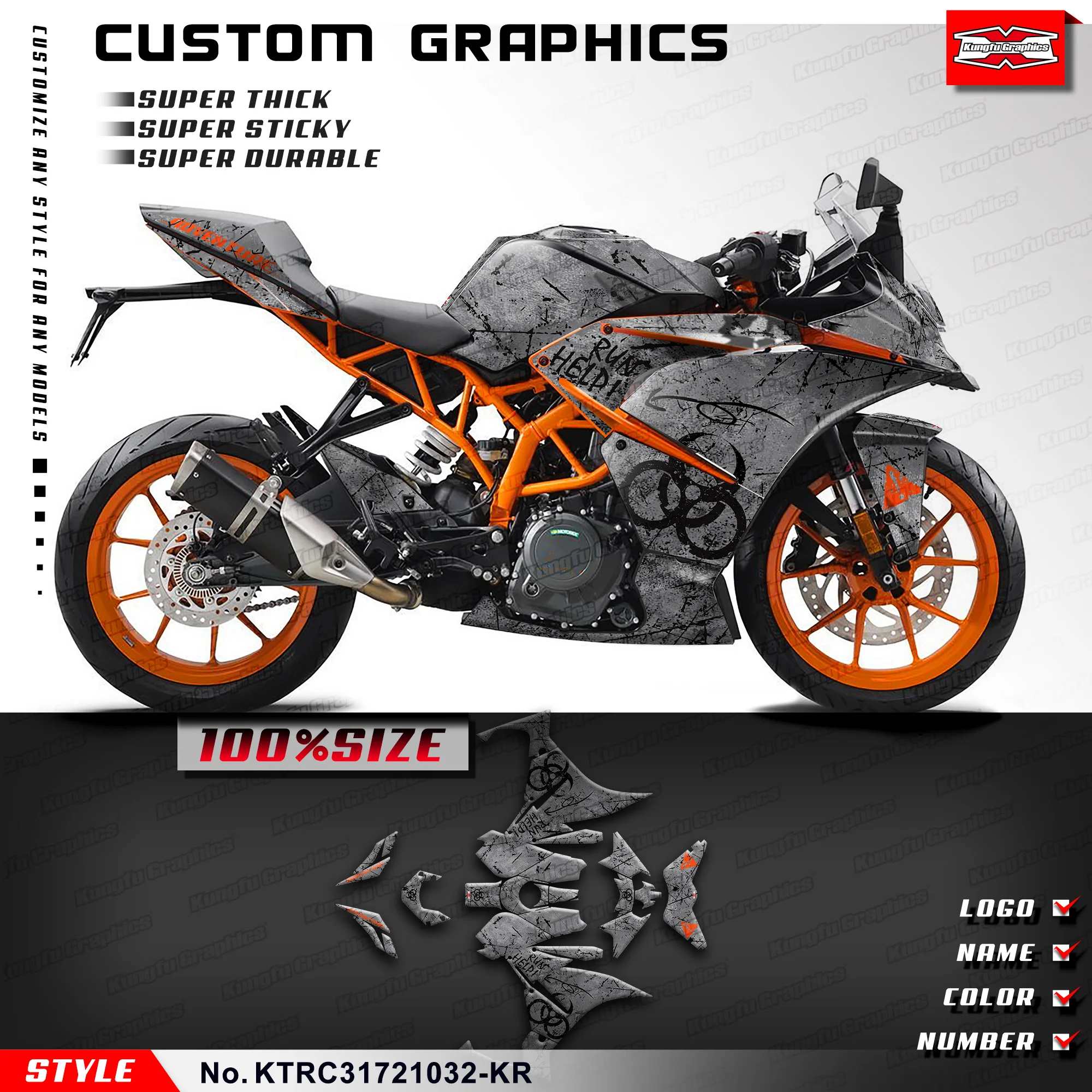 KUNGFU GRAPHICS Racing Graphics Wrap Design for KTM RC 125 200 250 390 2017 2018 2019 2020 2021 2022 2023 2024, KTRC31721032-KR