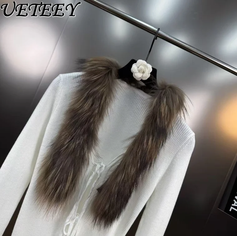 

Autumn Winter Vintage INS Style Real Raccoon Fur Patchwork Decorated Long Sleeve T-Shirt Lace-up Hot Girl Base Shirt Top