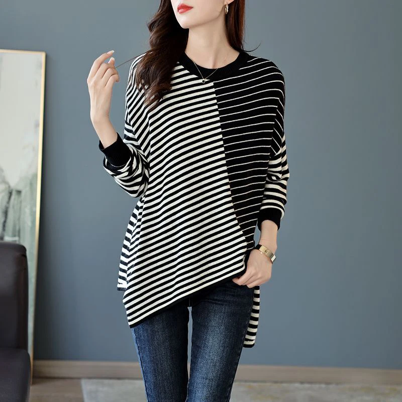 Autumn Winter Striped Patchwork Irregular T-shirt Ladies Long Sleeve Loose Casual Streetwear All-match Pullover Top Women Tees