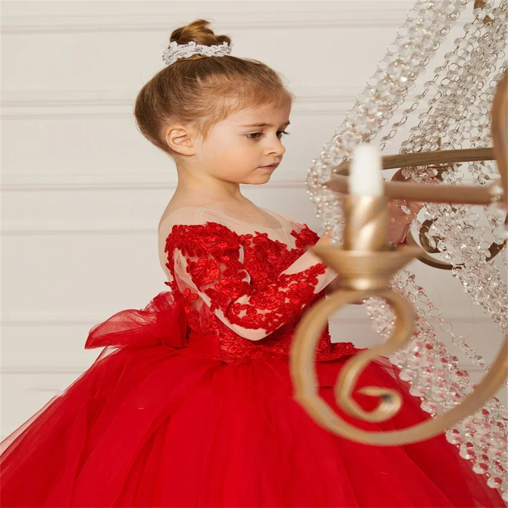 New Red Fluffy round neck with Long Sleeves Flower Girls Dresses Beautiful Bridesmaid Birthday Backless Lace Bow Appliques