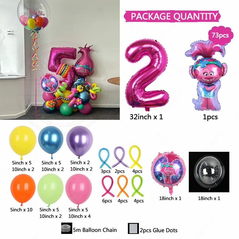 73 Uds. Globos temáticos de elfo de pelo mágico Trolls de Disney, suministros de decoración para fiesta de cumpleaños para niña, regalo para Baby Shower, Globos de helio para chico