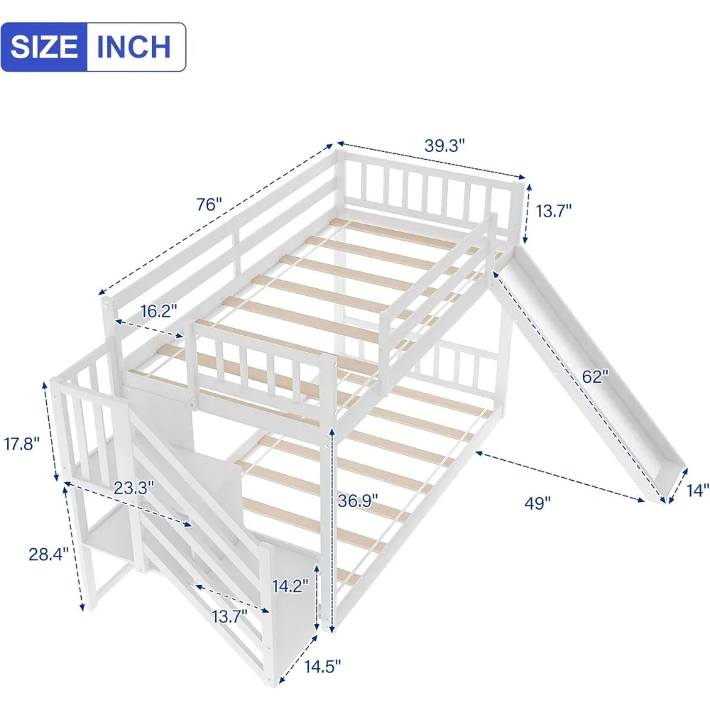 Solid Wood Low Bunk Bed for Kids, Twin Over Twin Floor Bunk Bed with Slide and Stair, Stairway with Storage Shelves/Handrail, Sp