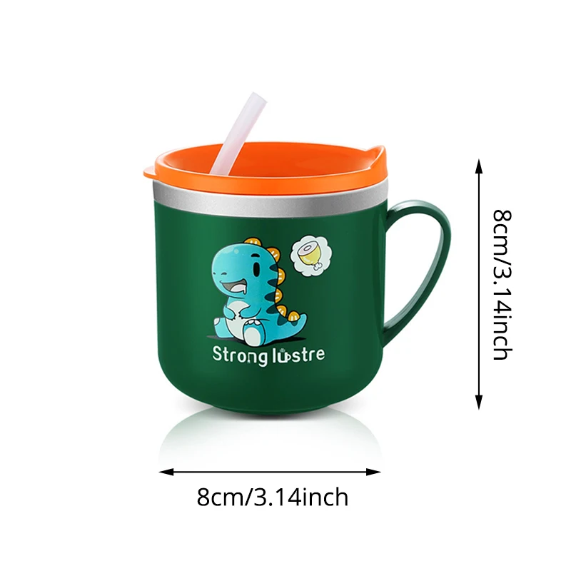 Copo de bebê com tampa e palha, Anti Drop, Copo de leite em aço inoxidável 304, Desenhos animados One Hand Grip, Crianças bebendo alimentação, 250ml, 8.5oz