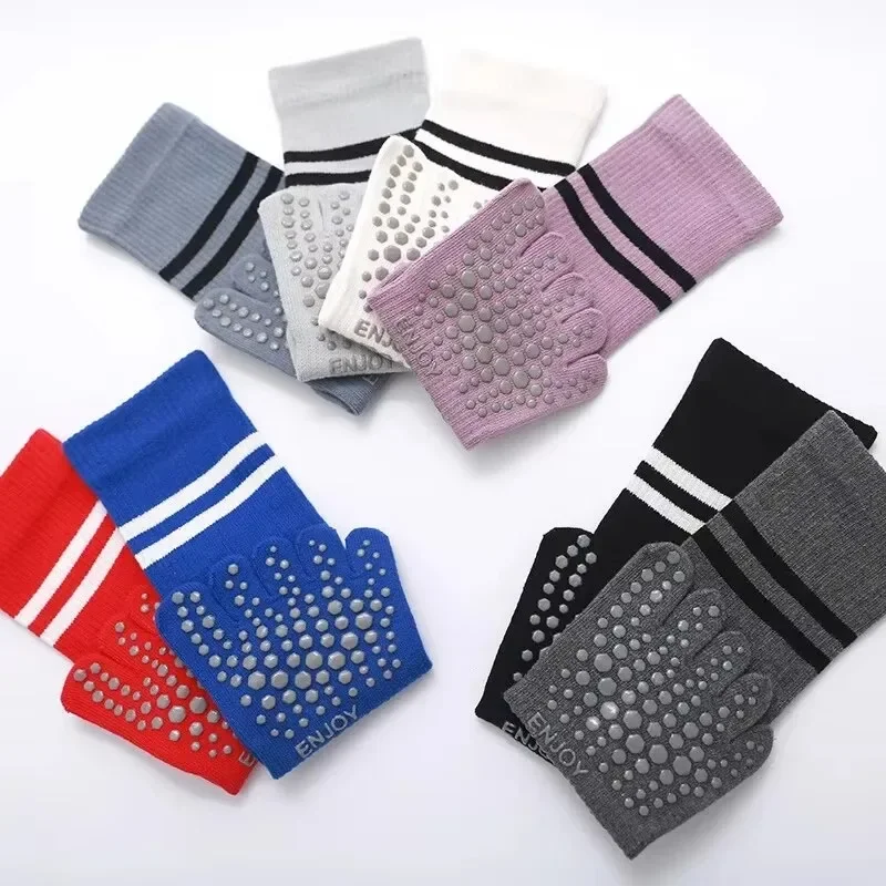 Calcetines de yoga transpirables de caña media para mujer, antideslizantes, de cinco dedos, de algodón, para pilates, fitness, danza, ballet, uso en interiores y en el suelo.