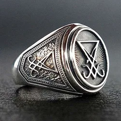 Lucifer Morningstar Ring Vintage Gothic Satanic Signet Cosplay Props Punk Stainless Steel Seal Rings Halloween Man Fashio Gift