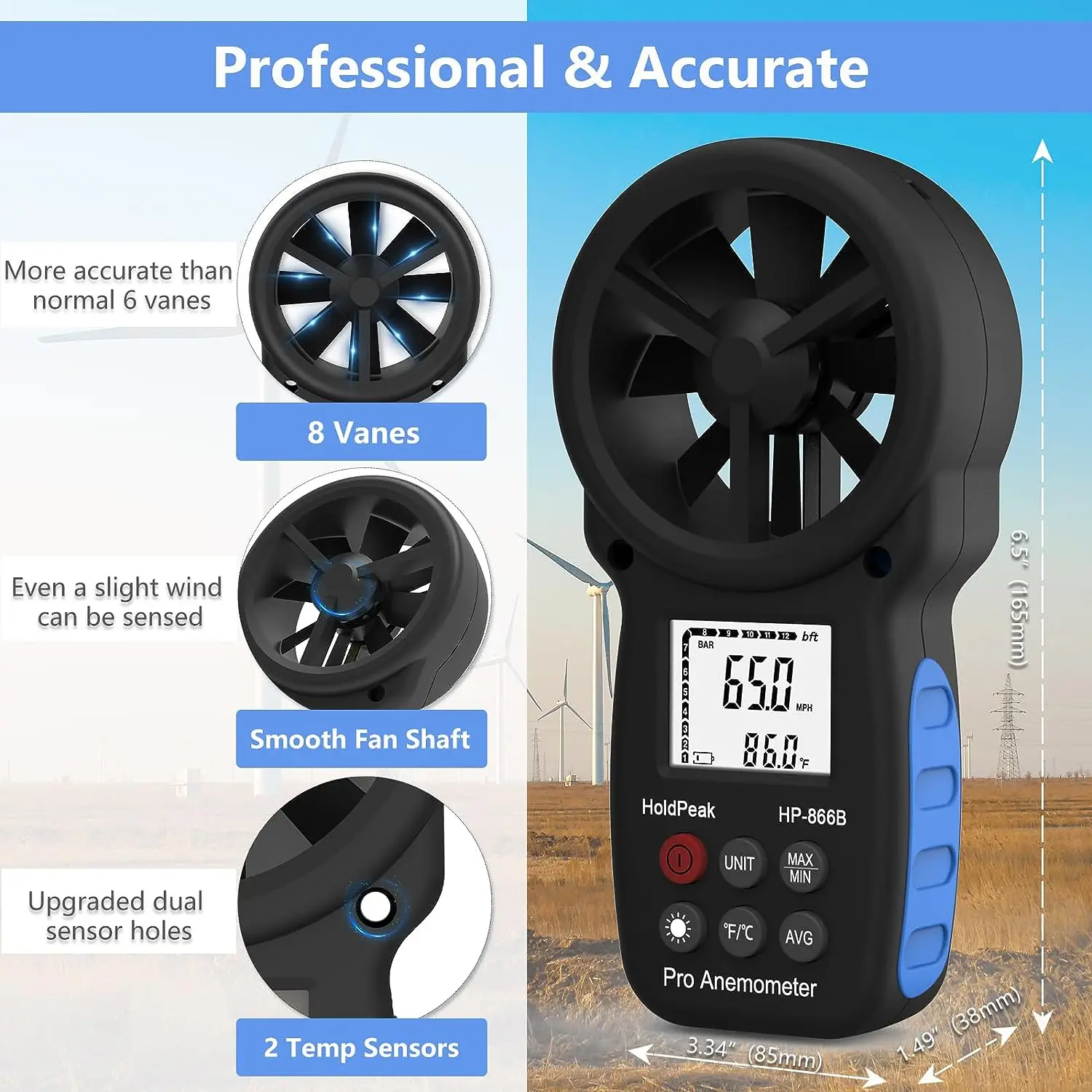 HoldPeak 866B Digital Handheld Anemometer Wind Speed Meter Measures Wind Speed Temperature Wind Chill Max/Min Measure Tool