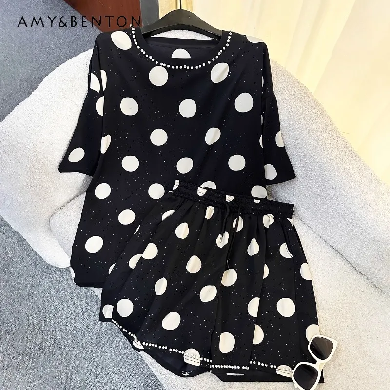 

New Fashion Design Polka Dot Shiny Short Sleeves T-Shirt Set Women's 2025 Summer Loose Casual Top Tees Shorts Two-pieces Outfits