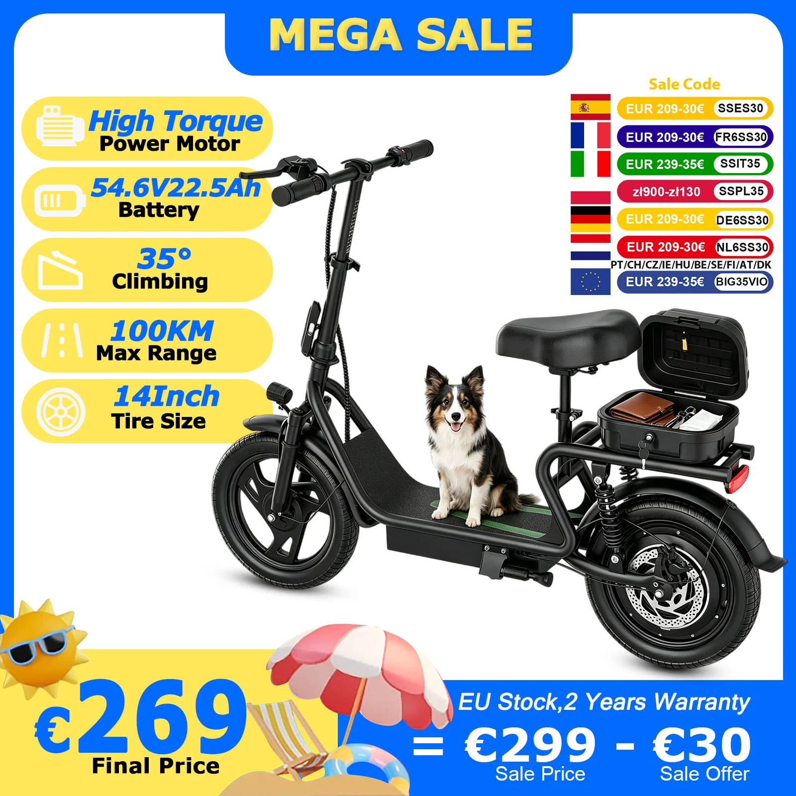 JUICEASE EP1 PRO Elektrofahrrad für Erwachsene 54,6V22,5Ah Hochleistungsakku 100KM Reichweite 14 Zoll Doppelfederung 35 °   Hügelfähiger E-Scooter mit APP-Steuerung für Pendler