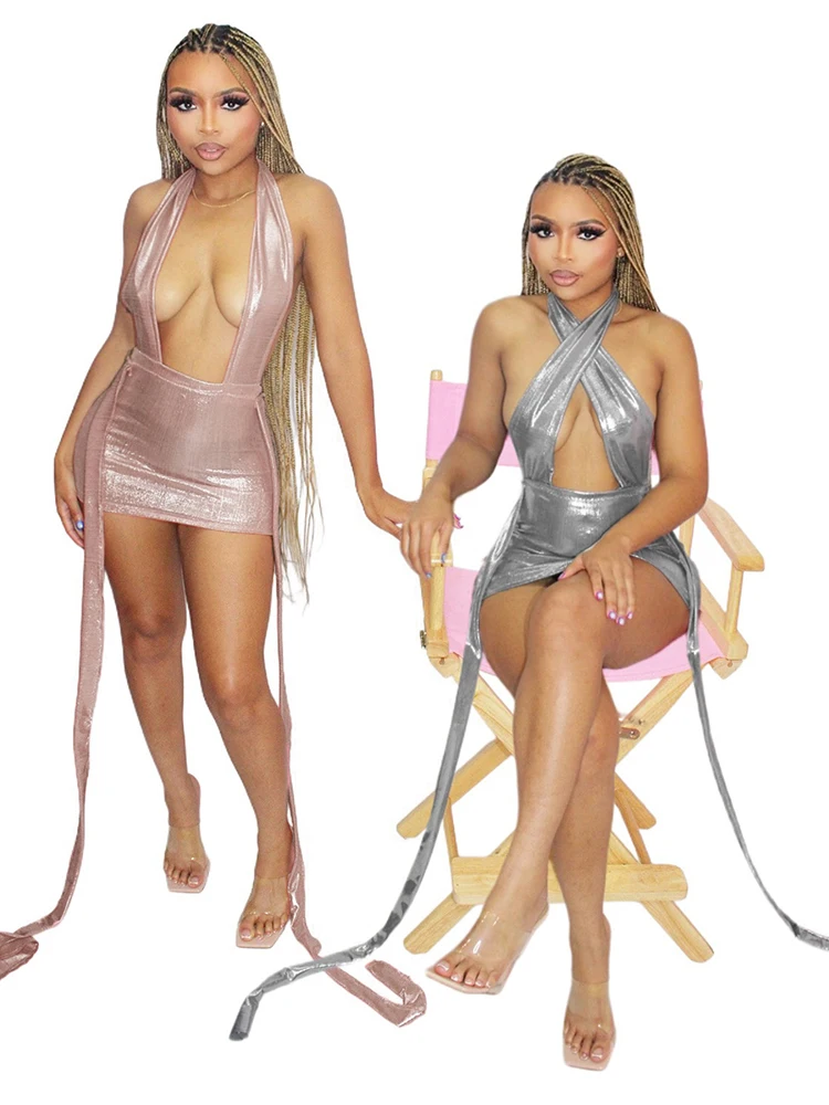 Weird Puss Hottie-vestido Halter sedoso para mujer, vestido Bandage con espalda descubierta, calado, Sexy, melocotón, cadera, Hipster, ropa de calle, ceñido al cuerpo elástico