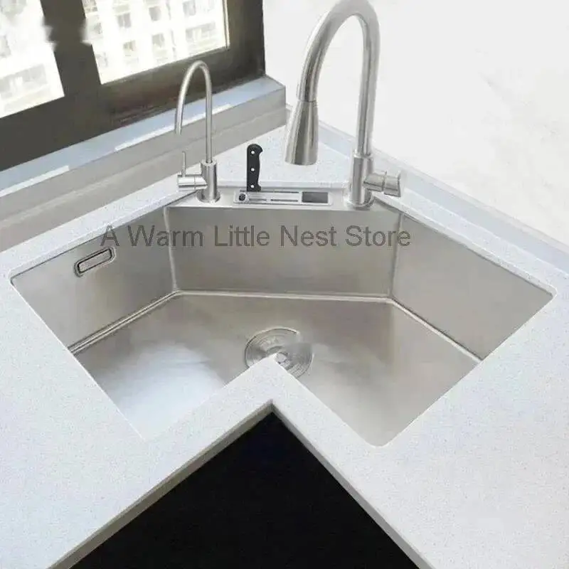 Nordic Small Apartment Special Washing Sink L-shaped Stainless Steel Corner Kitchen Sinks Large Single Sink Kitchen Accessories