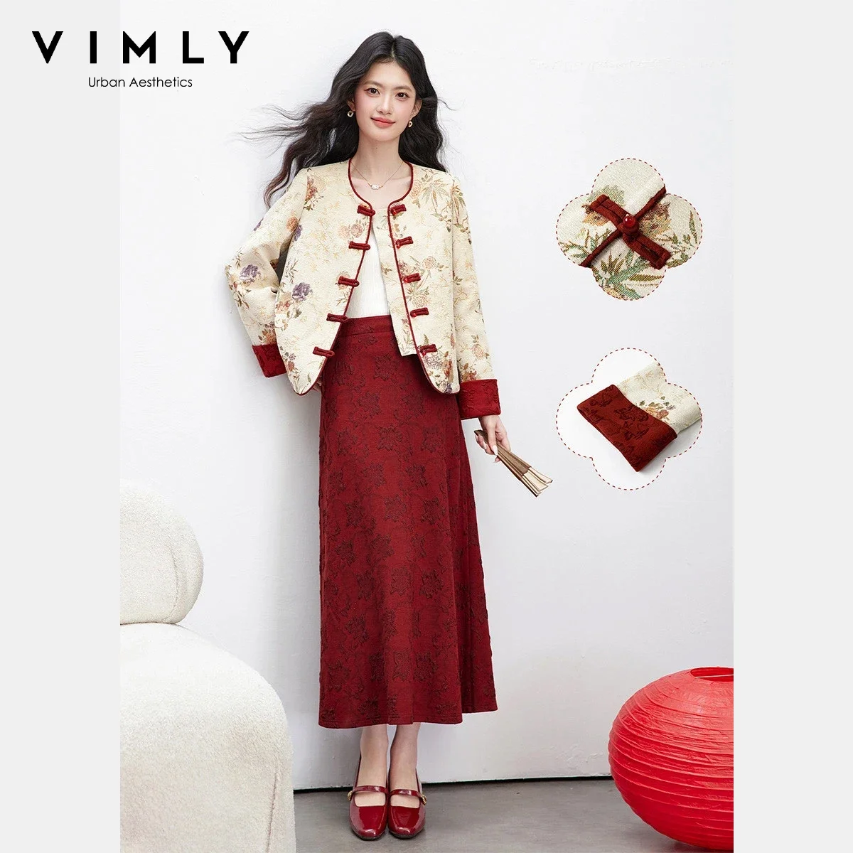 VIMLY Jacquard Two Pieces Set Woman Chinese Style 2026 Autumn Round Neck Floral Embroider Coats A-line Long Ladies Skirts A3963